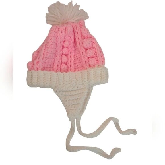 Handmade Pink and white Baby Winter Hat Pom Pom Crochet Ear flaps with ties - Picture 13 of 13